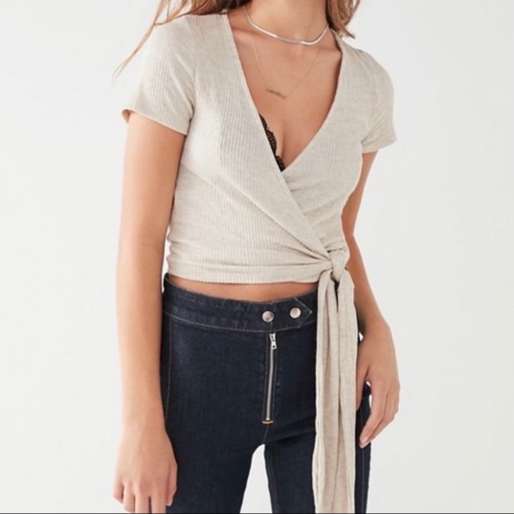 Beige wrap short sleeved shirt